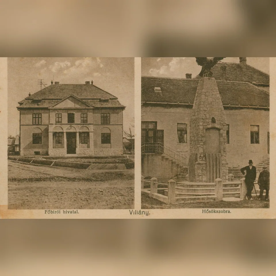 A villányi főbírói hivatal és a hősök szobra 1930 körül