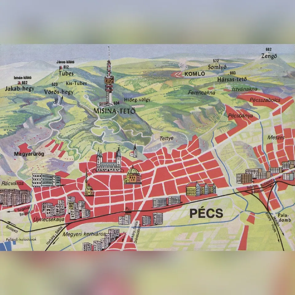 Pécs térképe egy 1974 körül kiadott képeslapon