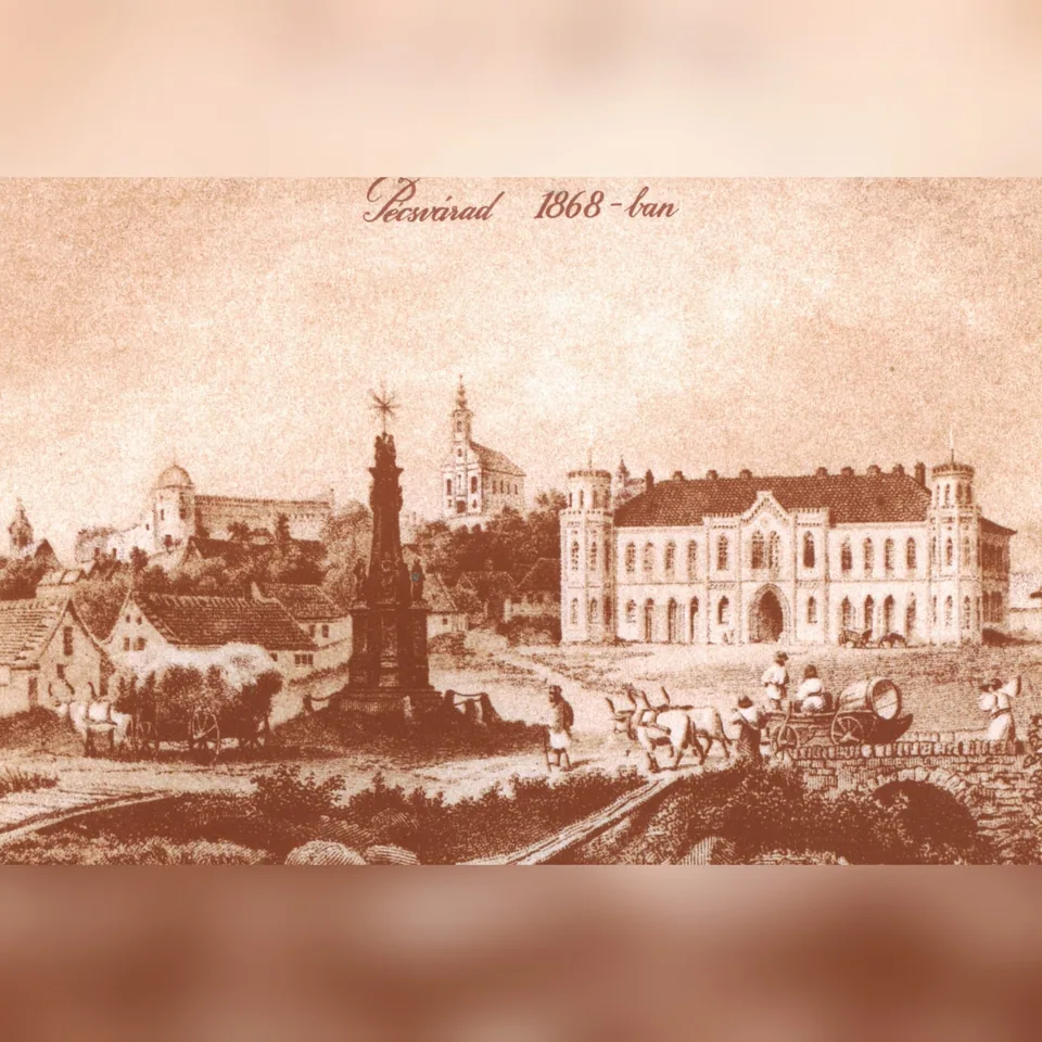 Pécsvárad látképe Ludwig Rohbock 1857–1863 között készült rajza utáni acélmetszeten