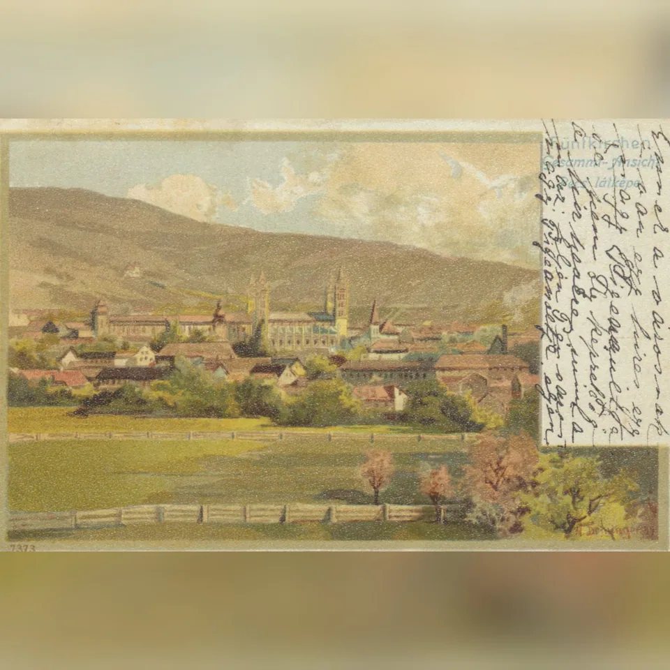Pécs látképe a 19–20. század fordulóján, korabeli képeslapon