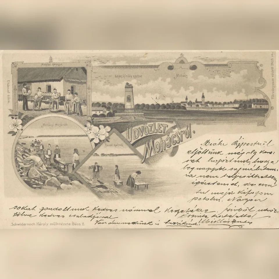 Mohácsi városrészletek és életképek egy 1890-es évekből származó képeslapon