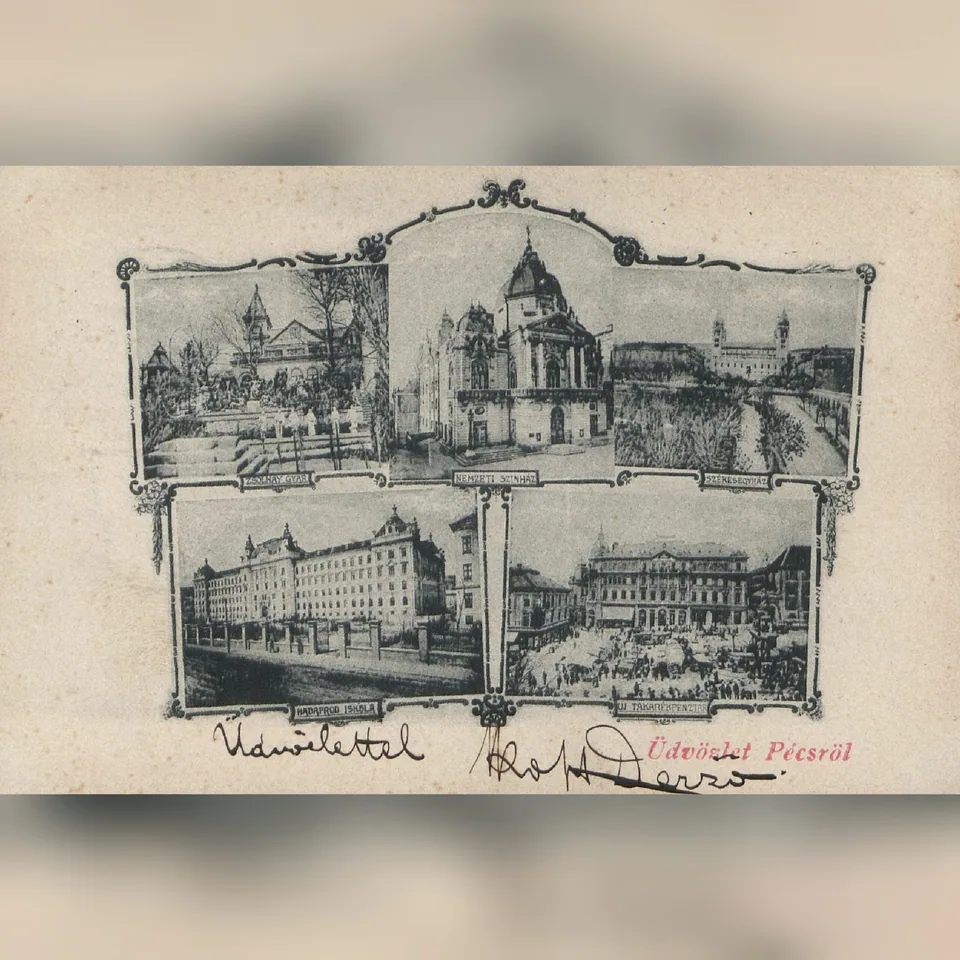Neves pécsi helyszínek a 19–20. század fordulóján, korabeli képeslapon – Zsolnay-gyár, Pécsi Nemzeti Színház, székesegyház, hadapródiskola, Pécsi Takarékpénztár