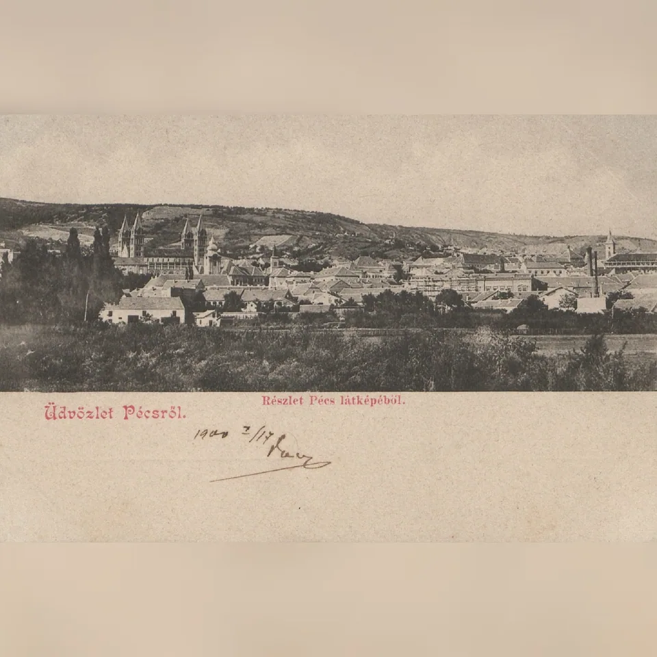 Pécs látképe a 19. század végén, egy 1900-ben feladott képeslapon