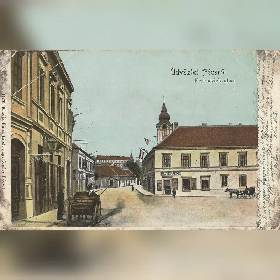 A Ferencesek utcája a Szigeti országút felől nézve Pécsett, 1890-es évekbeli képeslapon