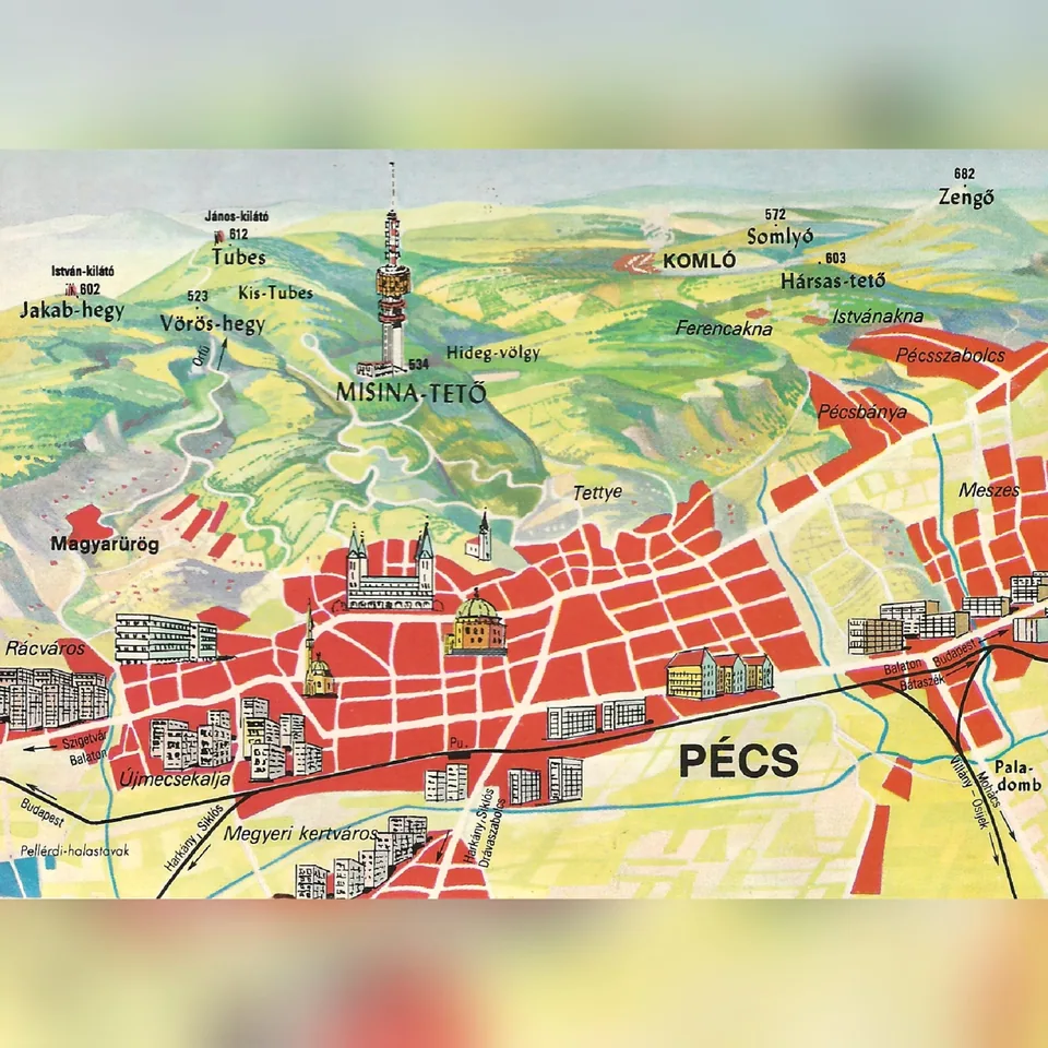 Pécs térképe egy 1974 körüli képeslapon