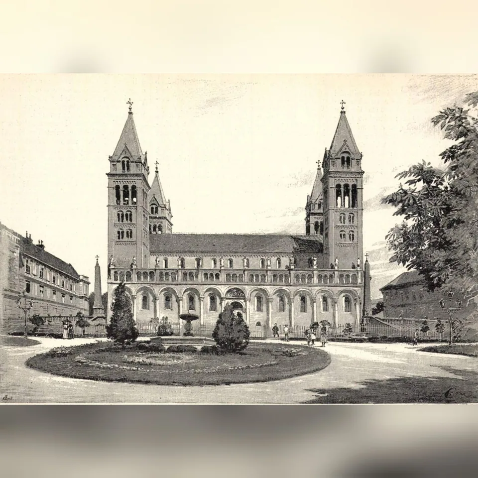 A pécsi székesegyház déli oldala 1891-ben, fénykép után készített rajzon