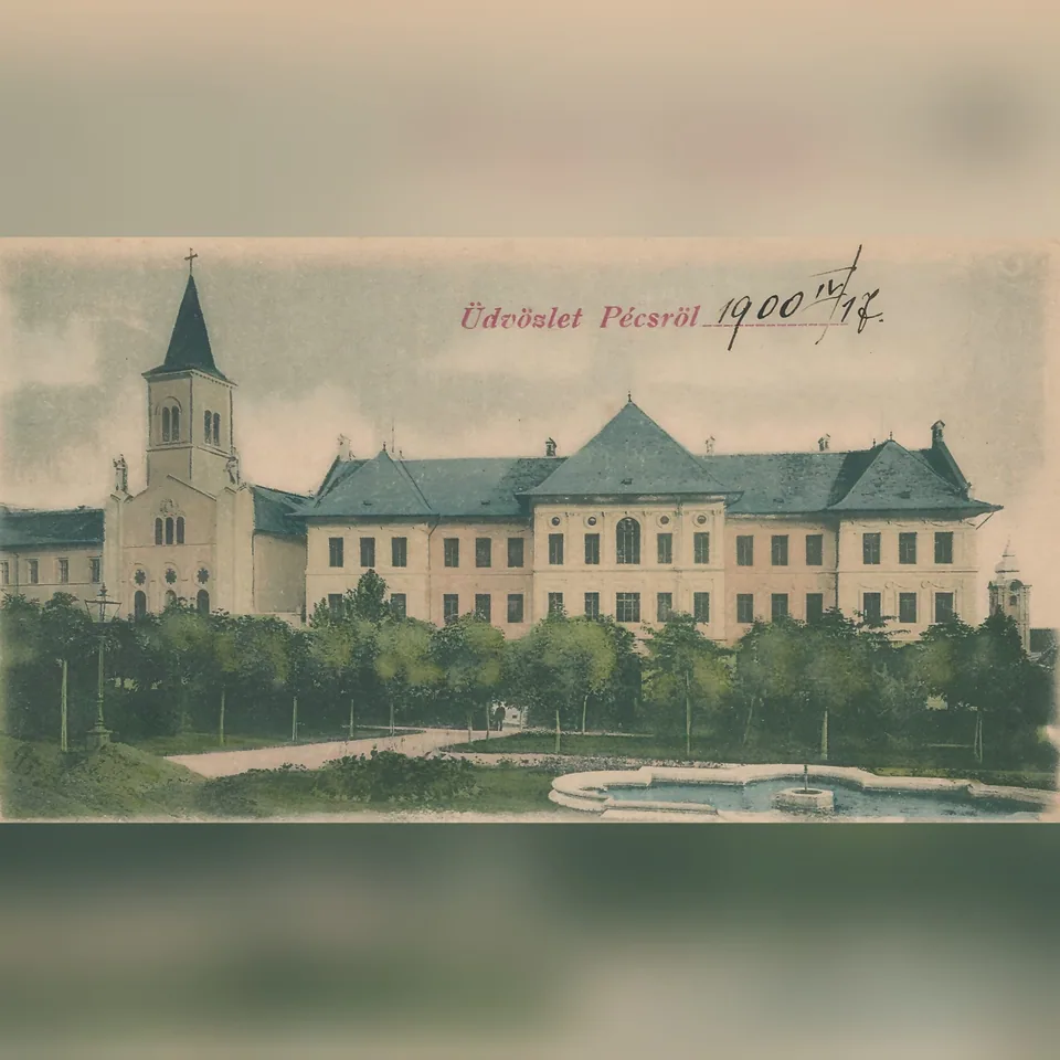 A Miasszonyunk-zárdatemplom Pécsett a 19–20. század fordulóján, amelynek egykori zárdaépületében napjainkban a Leőwey Klára Gimnázium működik