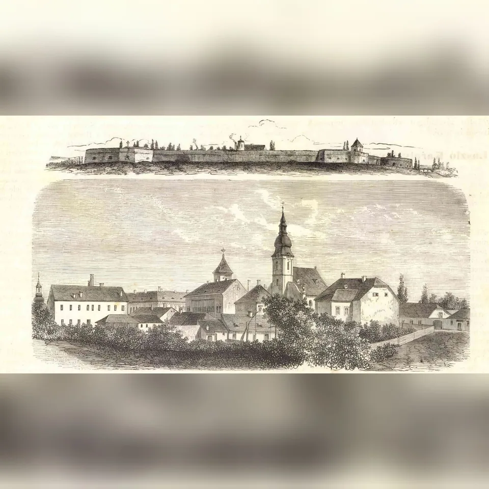Szigetvár látképe és a vár egy 1860-ban megjelent grafikán