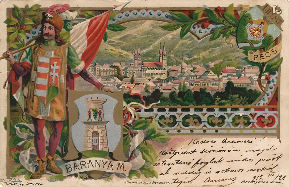 Pécs látképe egy 1912-ben postára adott képeslapon