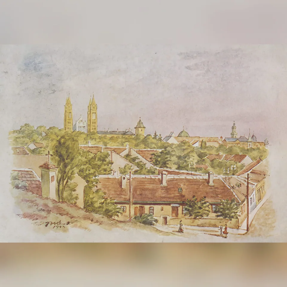 Pécs látképe a Rókusdomb irányából nézve Paál István 1943-as akvarelljén